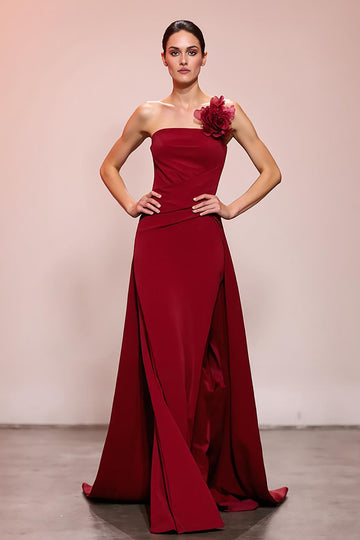 Strapless Red Long Evening Dress with 3D Flower
